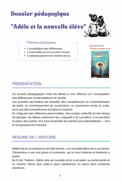 Dossier pédagogique (pdf à imprimer) "Adèle et la nouvelle élève" - Thème "T'aimer comme tu es" – Image 2