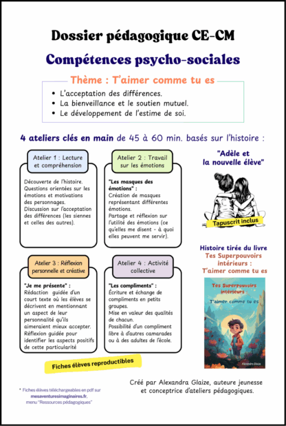 Dossier pédagogique (pdf à imprimer) "Adèle et la nouvelle élève" - Thème "T'aimer comme tu es"